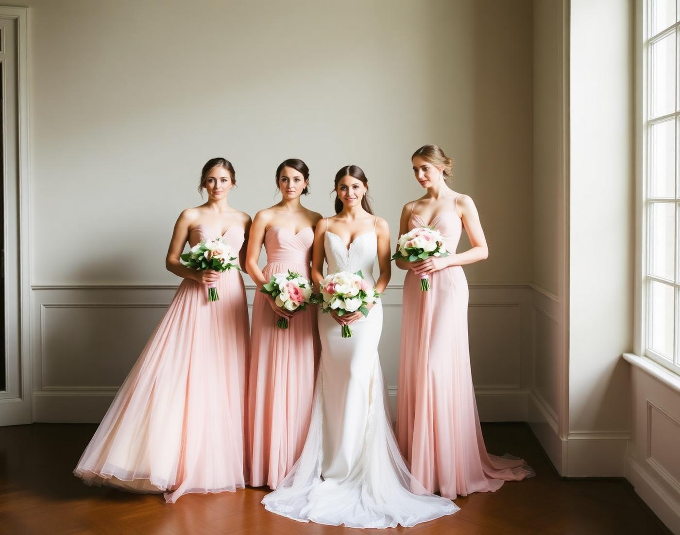 Bridesmaids in blush Bari Jay gowns